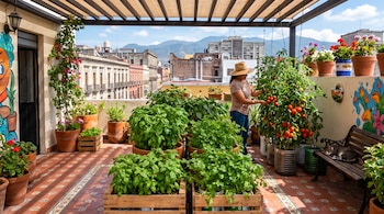 Huerto urbano en terraza: mujer con sombrero, plantas de albahaca, cilantro, jitomate, macetas de barro, cajones de madera, gato dormido, edificios, montañas.
