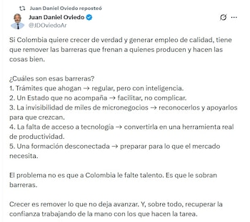 Juan Daniel Oviedo, candidato a la Vicepresidencia, dijo que Colombia tiene que remover las barreras que frenan a quienes producen y hacen las cosas bien - crédito @JDOviedoAr/X