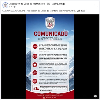 Un afiche vertical con el logo de la AGMP y el texto COMUNICADO, que detalla la participación de la asociación en la búsqueda de montañistas. Incluye íconos y la fecha 15 de julio de 2026