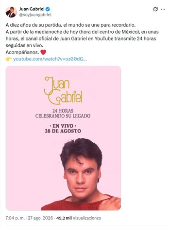 Publicación en redes sociales con un cartel rosado de Juan Gabriel que anuncia un evento en vivo de 24 horas para el 28 de agosto