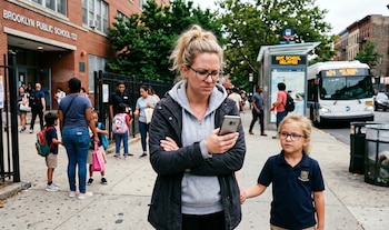 Mujer y niña con uniforme escolar frente a la Escuela Pública 132 de Brooklyn. La mujer mira su teléfono. Un cartel en la parada de autobús indica 'NYC SCHOOL DELAYED'