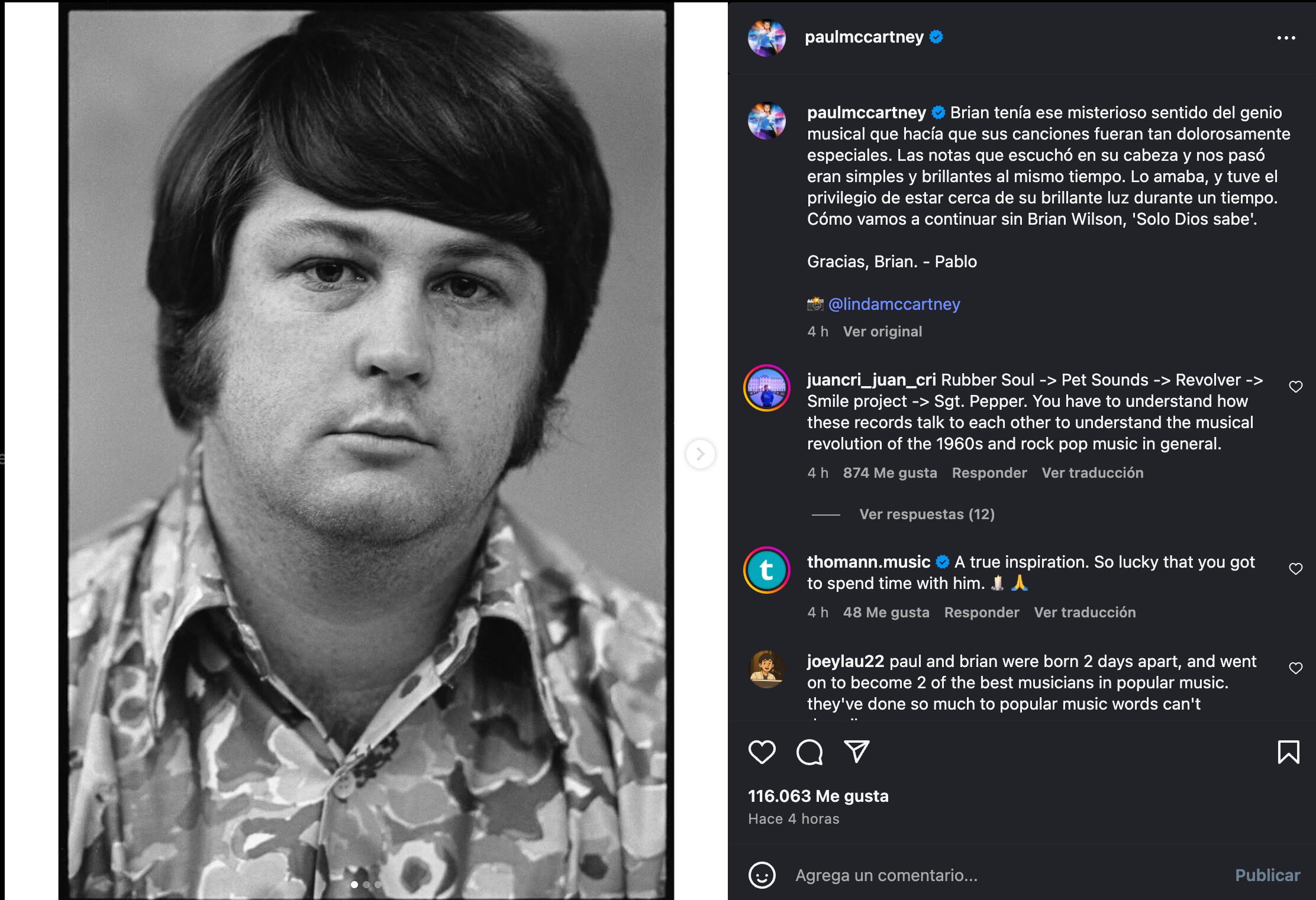 El mensaje de Paul McCartney estuvo acompañado de una fotografía de Brian Wilson tomada por su esposa, Linda McCartney(Créditos: Instagram/Paul McCartney)