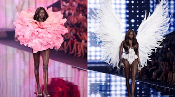 Dos fotos contiguas de una modelo en pasarela: a la izquierda viste un diseño rosa de volantes y a la derecha alas blancas de plumas y un corsé.