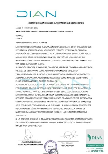 Este fue uno de los documentos falsos de la Dian, para estafar con la excusa de cobro de aranceles - crédito Dian