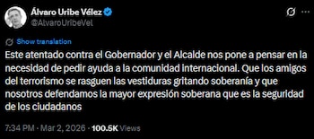 Álvaro Uribe Vélez pidió ayuda internacional tras denuncia de atentado contra Federico Gutiérrez y Andrés Julián Rendón - crédito @AlvaroUribeVel/X