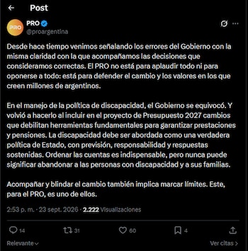 Captura de pantalla de una publicación de la cuenta PRO en la red social X con un texto sobre la política de discapacidad en Argentina