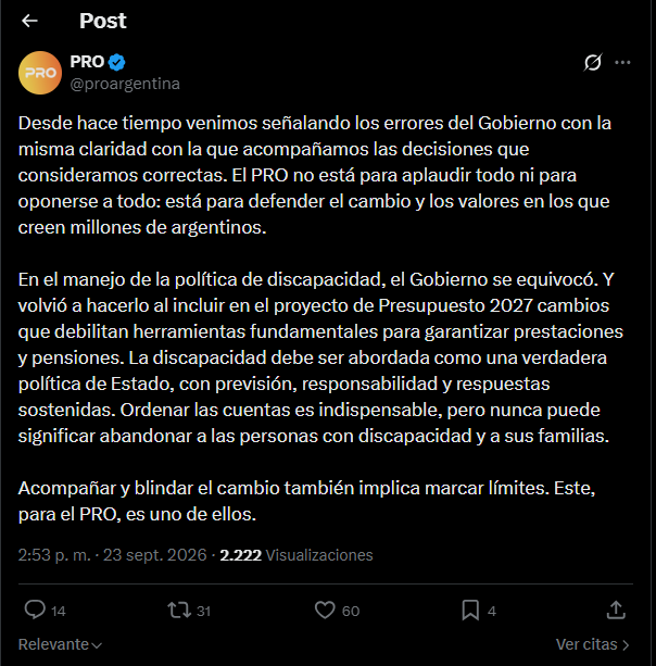 El partido político argentino PRO cuestiona en una publicación digital los cambios propuestos por el Gobierno sobre la política de discapacidad para el proyecto de Presupuesto 2027