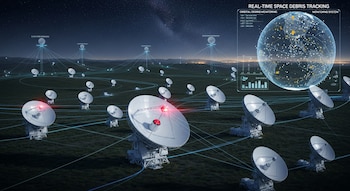 Múltiples radiotelescopios blancos en un campo bajo un cielo nocturno, conectados por líneas. Una pantalla digital muestra el globo terrestre y basura espacial.