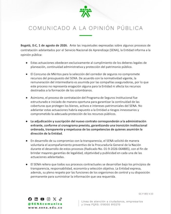 El Sena explicó que los procesos contractuales responden a deberes de planeación, protección del patrimonio público y continuidad administrativa. - crédito Sena