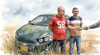 Pintura en acuarela mostrando a dos hombres de pie junto a un coche verde oscuro con matrícula CO-340, mientras una mano entrega billetes de dinero a uno de ellos.