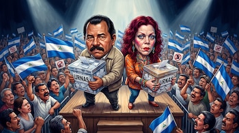 Caricatura de Daniel Ortega y Rosario Murillo sostienen urnas en un escenario; una multitud con banderas de Nicaragua y pancartas de protesta los rodea.