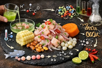 Plato de ceviche con pescado, cebolla, ají, maíz, camote, limón. Mano vierte jugo en pescado. Iconos de termómetro, pescado, estructuras moleculares, material de laboratorio.