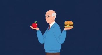 Un hombre de 70 años, de perfil, sostiene una manzana roja y una hamburguesa. El fondo es azul marino, con estilo de ilustración digital.