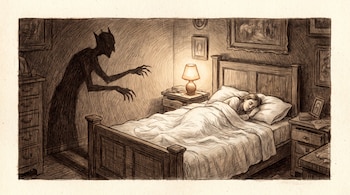 Dibujo a lápiz en sepia de una persona durmiendo en una cama, mientras una silueta oscura con dedos alargados se cierne a un lado en la habitación.