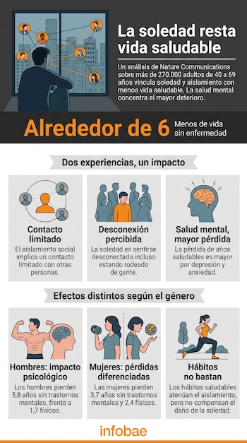Infografía explicativa con ilustraciones y textos sobre los efectos de la soledad y el aislamiento social en la salud según el género.