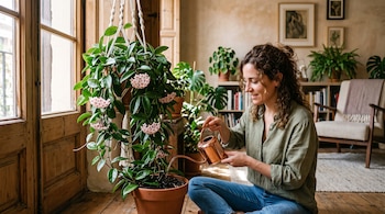 Una mujer sentada en el suelo riega con una regadera pequeña una planta colgante con flores rosadas en una maceta.