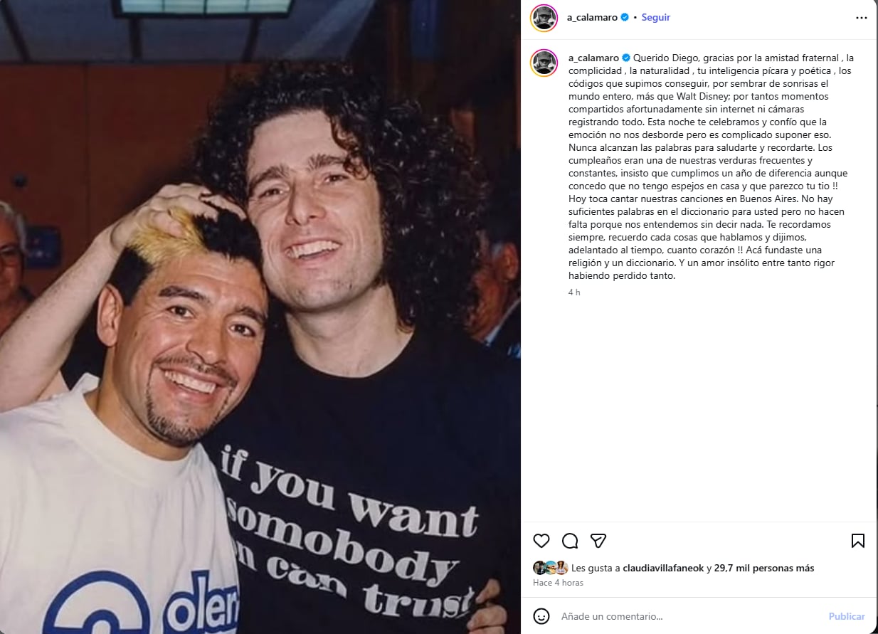 El extenso mensaje de Andrés Calamaro para celebrar l cumpleañs de Diego a seis años de su partida