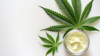 Detalle visual de un frasco de pomada de cannabis junto a una hoja de marihuana, ejemplificando la síntesis entre naturaleza y tratamiento. Una representación gráfica de la evolución en la concepción de la medicina, tocando aspectos de salud, legalización y opciones terapéuticas emergentes. (Imagen Ilustrativa Infobae)