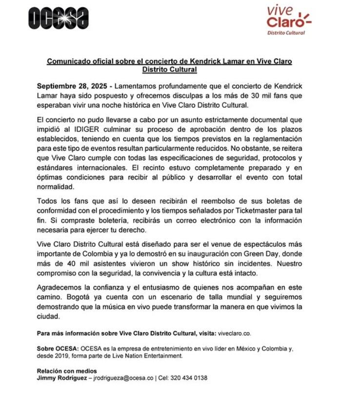OCESA Colombia aseguró en su comunicado que se hará la devolución del dinero a los asistentes - crédito @ocesacolombia/IG