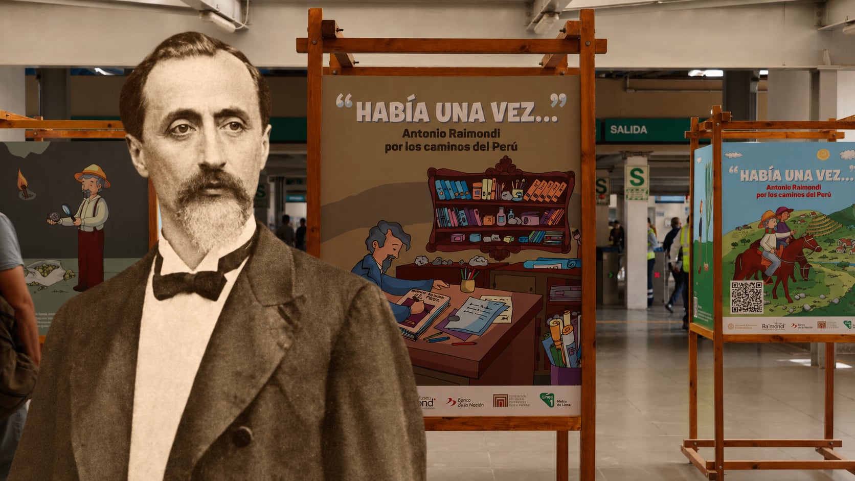 Un retrato de Antonio Raimondi se superpone a una estación del Metro de Lima que alberga banners de la exposición educativa