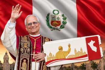 Un hombre con sotana y estola saluda y sostiene un boleto ilustrado, frente a la bandera de Perú y una plaza con edificios coloniales.