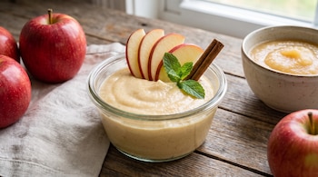 Tazón de cristal con mousse de manzana sin azúcar, decorado con rodajas de manzana, rama de canela y menta, junto a manzanas rojas y otro tazón.
