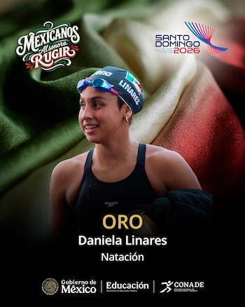 Mujer nadadora con gorro de México y gafas. Texto: ORO, Daniela Linares, Natación. Logotipos de Santo Domingo 2026, Gobierno de México y CONADE