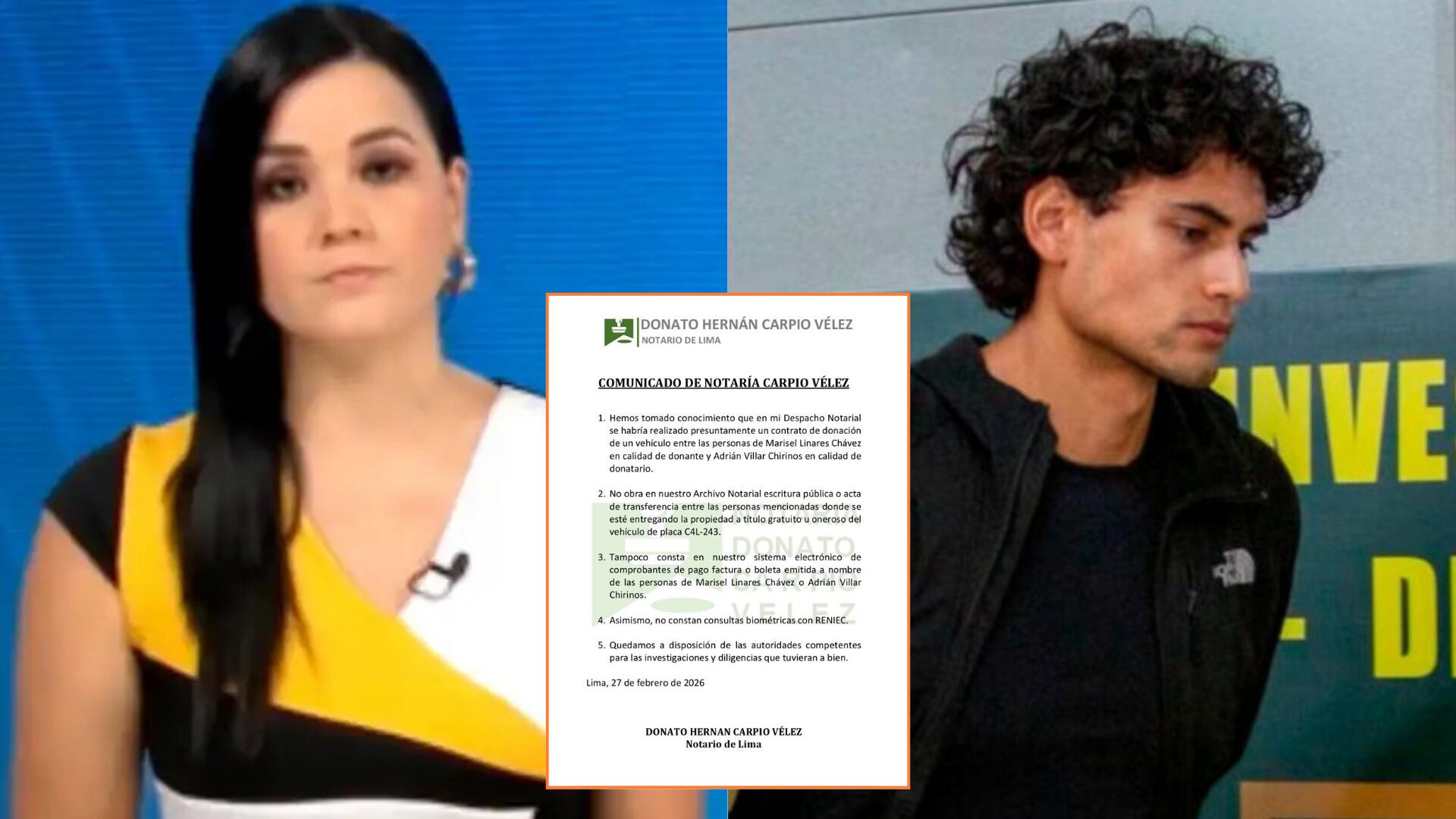 Notaría Carpio Vélez niega haber tramitado donación de vehículo entre Marisel Linares Chávez y Adrián Villar Chirinos. (Foto composición: Infobae Perú/Difusión)