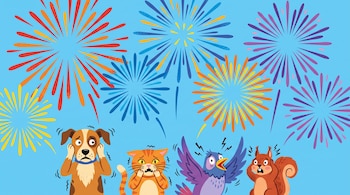 Ilustración de fuegos artificiales de varios colores en un cielo azul. En primer plano, un perro, un gato, un pájaro y una ardilla muestran angustia.