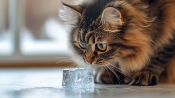 Gato tocando un cubo de hielo con su pata, observando cómo se desliza sobre la superficie. – (Imagen Ilustrativa Infobae)