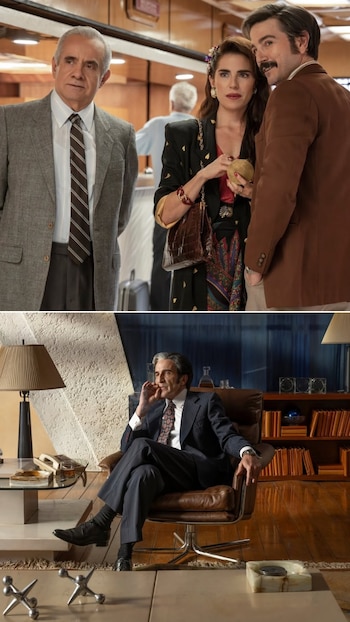 Un collage. Arriba: dos hombres y una mujer en un interior. Abajo: un hombre de traje sentado en un sillón de cuero en una oficina con libros