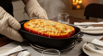 Manos con guantes de cocina sujetan una fuente negra con calabaza asada cubierta de queso gratinado humeante, sobre una mesa con vajilla y copas.