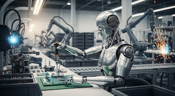 Un robot plateado con torso y cabeza expuestos trabaja en una mesa de fábrica, utilizando una herramienta para manipular una placa de circuito verde.