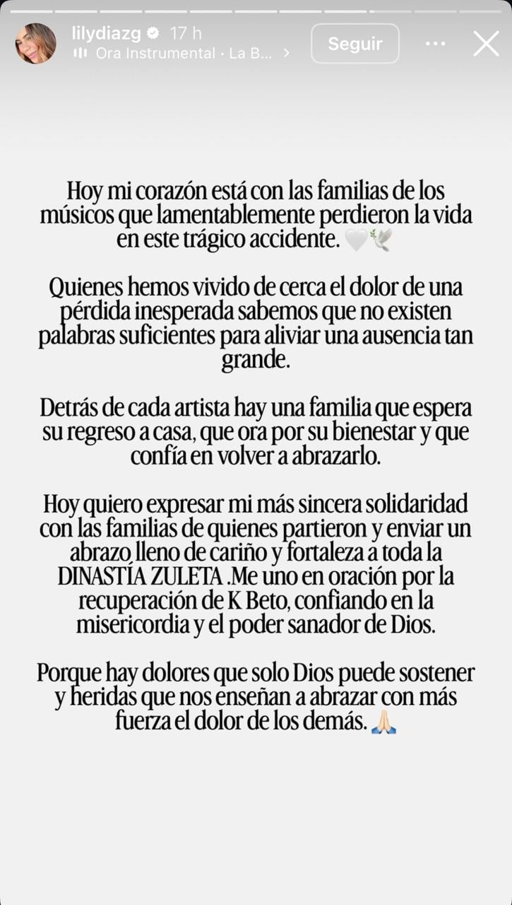 Hija de Diomedes Díaz se pronunció tras el accidente de Kbeto Zuleta y envió mensaje a su familia - crédito @lilydiazg/IG
