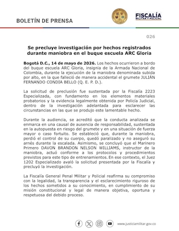 Según la conclusión presentada ante el juez, la muerte del joven se enmarcó en una causal de ausencia de responsabilidad relacionada con la autopuesta en riesgo y una situación de fuerza mayor o caso fortuito - crédito Justicia Penal Militar