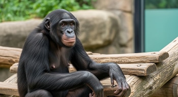 Un bonobo de pelaje oscuro y rostro rosado está sentado sobre troncos de madera en su recinto, con rocas y vegetación borrosa de fondo.