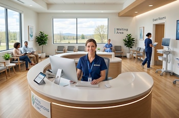 Vista interior de una clínica moderna con una recepcionista sonriendo detrás del mostrador, pacientes en la sala de espera y personal médico