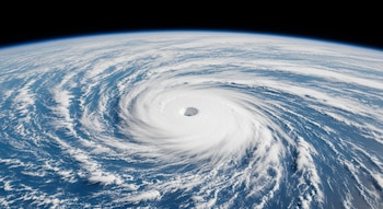 Vista aérea de la Tierra desde el espacio que muestra un huracán con su ojo central y nubes blancas girando en espiral sobre un océano azul oscuro.