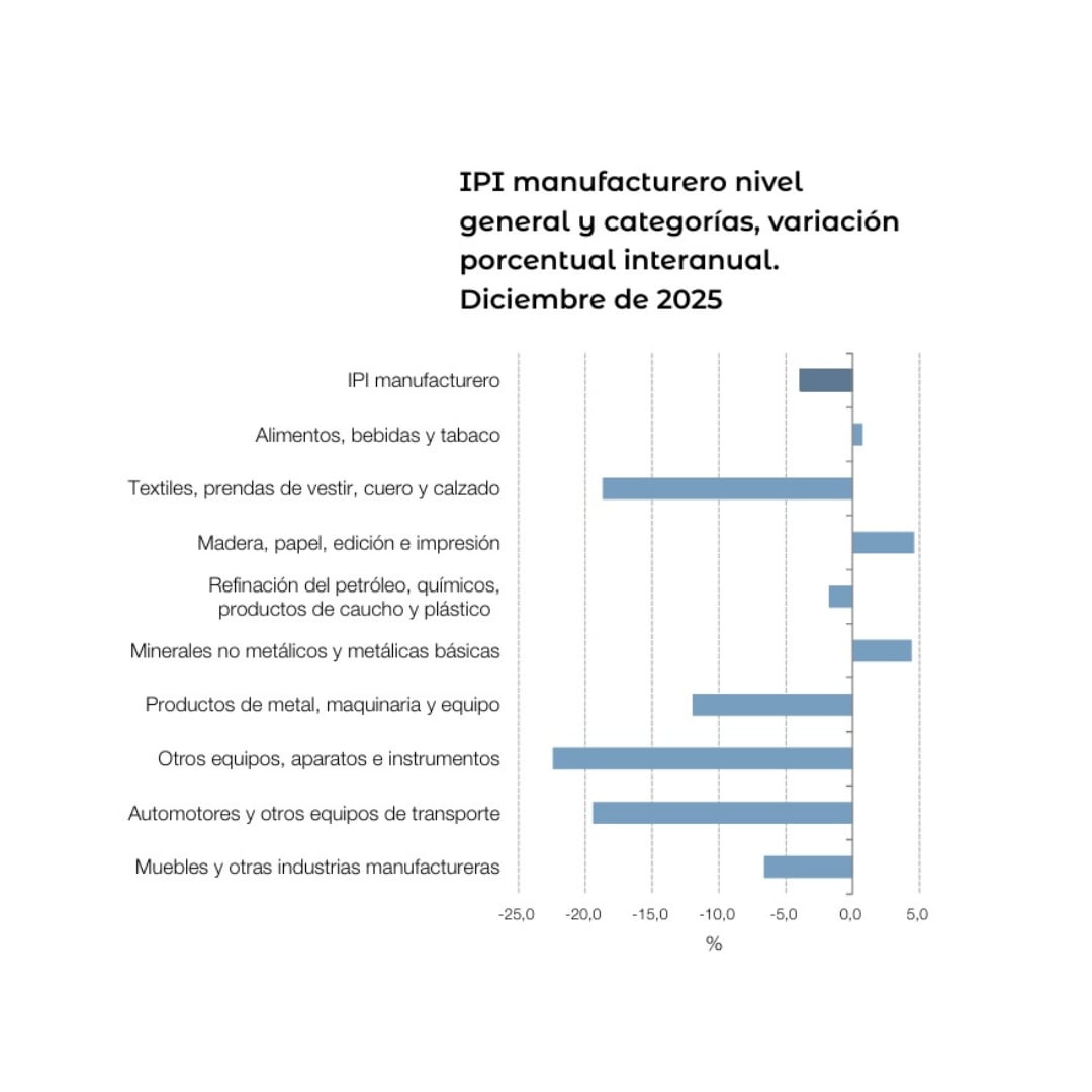 El índice de producción industrial manufacturero (IPI) general muestra una leve caída interanual en diciembre de 2025, con fuertes descensos en textiles y equipos, mientras madera y minerales crecen levemente (Imagen Ilustrativa Infobae)