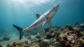 Un tiburón marrajo sardinero en el océano sobre corales, junto a un cardumen pequeño de peces y luz solar desde la superficie.