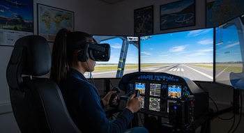 Una joven con gafas de realidad virtual y auriculares sentada en una silla, operando los controles de un simulador de vuelo con múltiples pantallas.