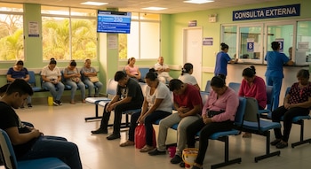 Sala de espera de hospital con varias personas sentadas en bancos, dos empleadas detrás de un mostrador de Consulta Externa y ventanas.