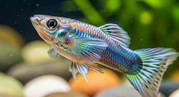 Primer plano de un guppy hembra con cuerpo de tonos metálicos azules, verdes y naranjas, aletas extendidas, sobre un fondo desenfocado de rocas claras y plantas verdes.