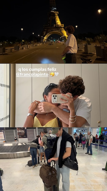 Collage de fotos: un hombre de espaldas frente a la Torre Eiffel iluminada, una pareja haciéndose una selfie en un espejo, y un hombre en un aeropuerto