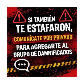 Póster de alerta rojo y negro. Muestra dos triángulos de advertencia, burbuja de chat y texto: 'Si también te estafaron, comunícate por privado'