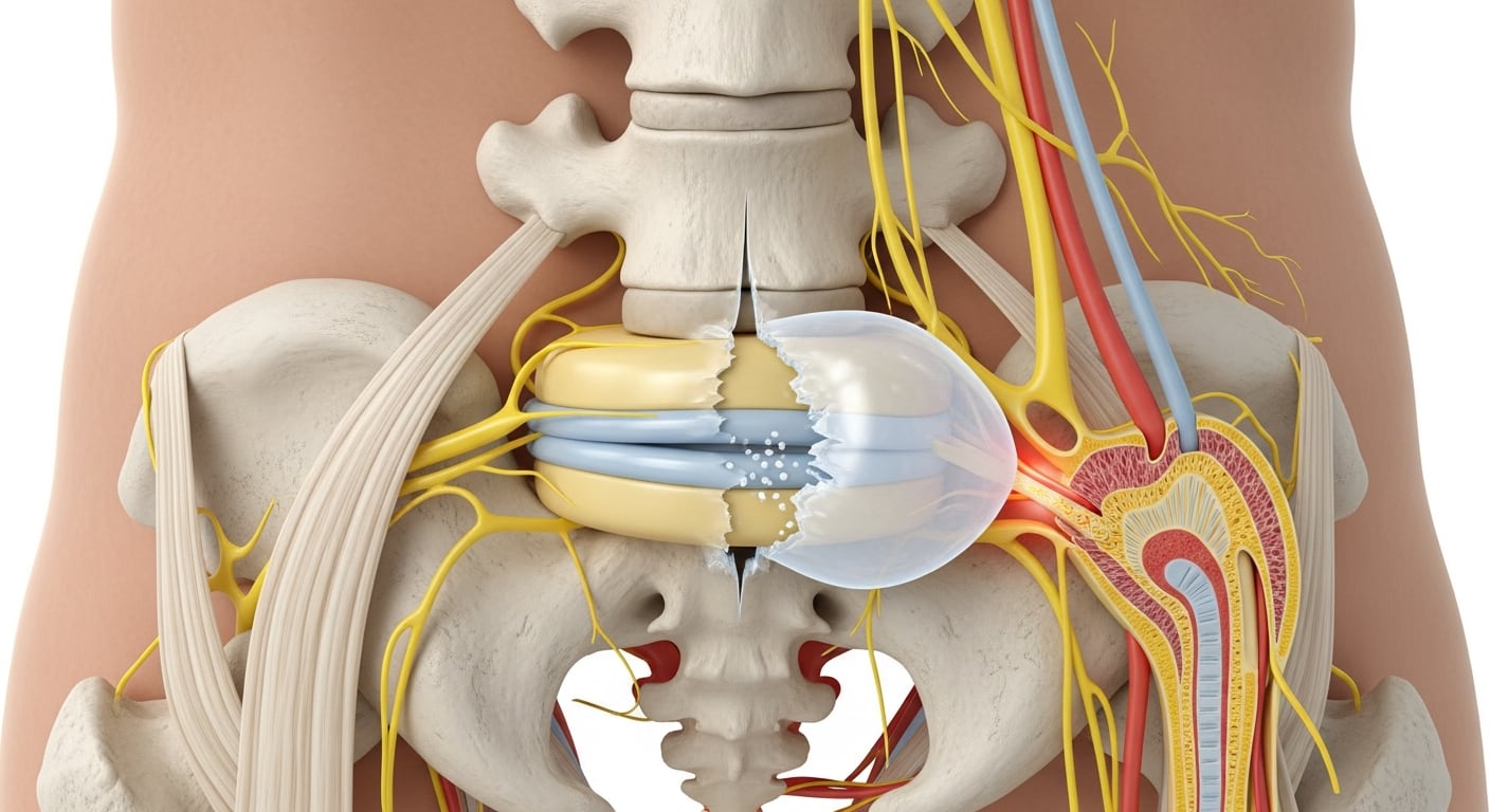 El dolor de espalda irradiado hacia las piernas o el cuello, junto con debilidad y ardor, destaca entre los síntomas de una hernia discal (Imagen Ilustrativa Infobae)