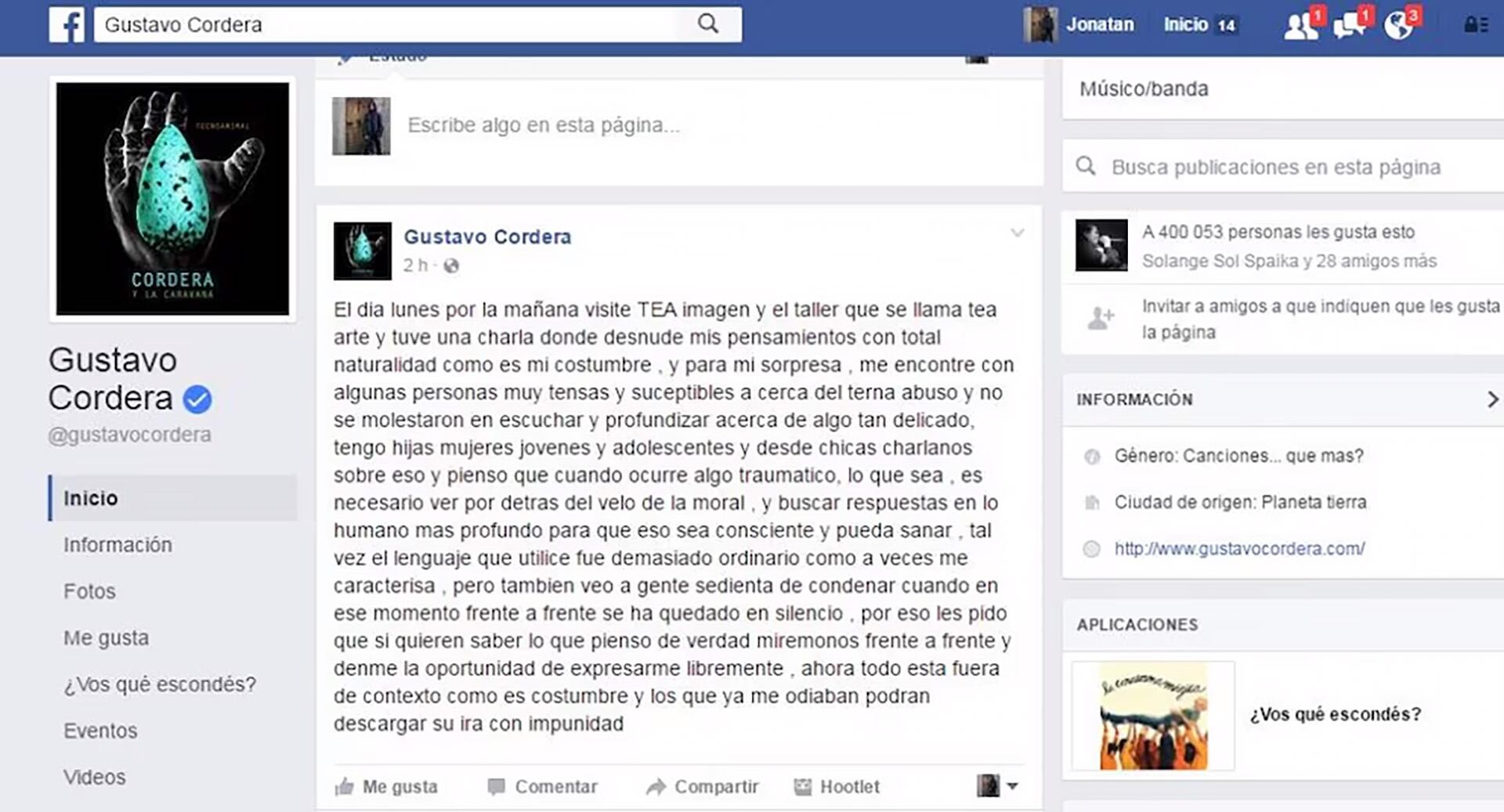 El inmediato posteo de Cordera ante la repercusión del caso, que luego borró