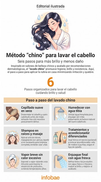 Infografía con una ilustración de una mujer tocando su cabello y seis recuadros explicativos sobre el lavado capilar.