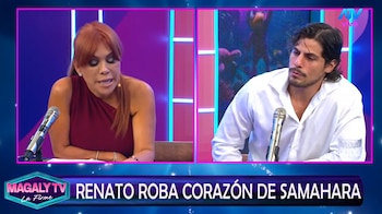 Pantalla dividida con Magaly Medina a la izquierda y Renato Rossini Jr. a la derecha frente a micrófonos, con un rótulo inferior de televisión