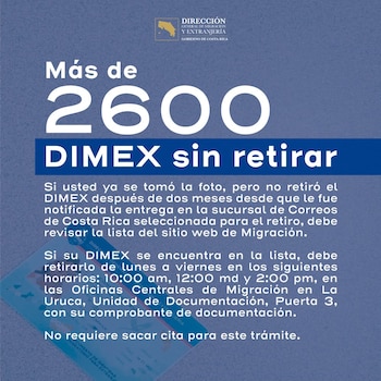 Los titulares que figuran en la lista oficial pueden retirar su DIMEX en la sede central de Migración en La Uruca a las 10:00 am, 12:00 pm o 2:00 pm sin cita previa. (Imagen: Dirección General de Migración y Extranjería Costa Rica)